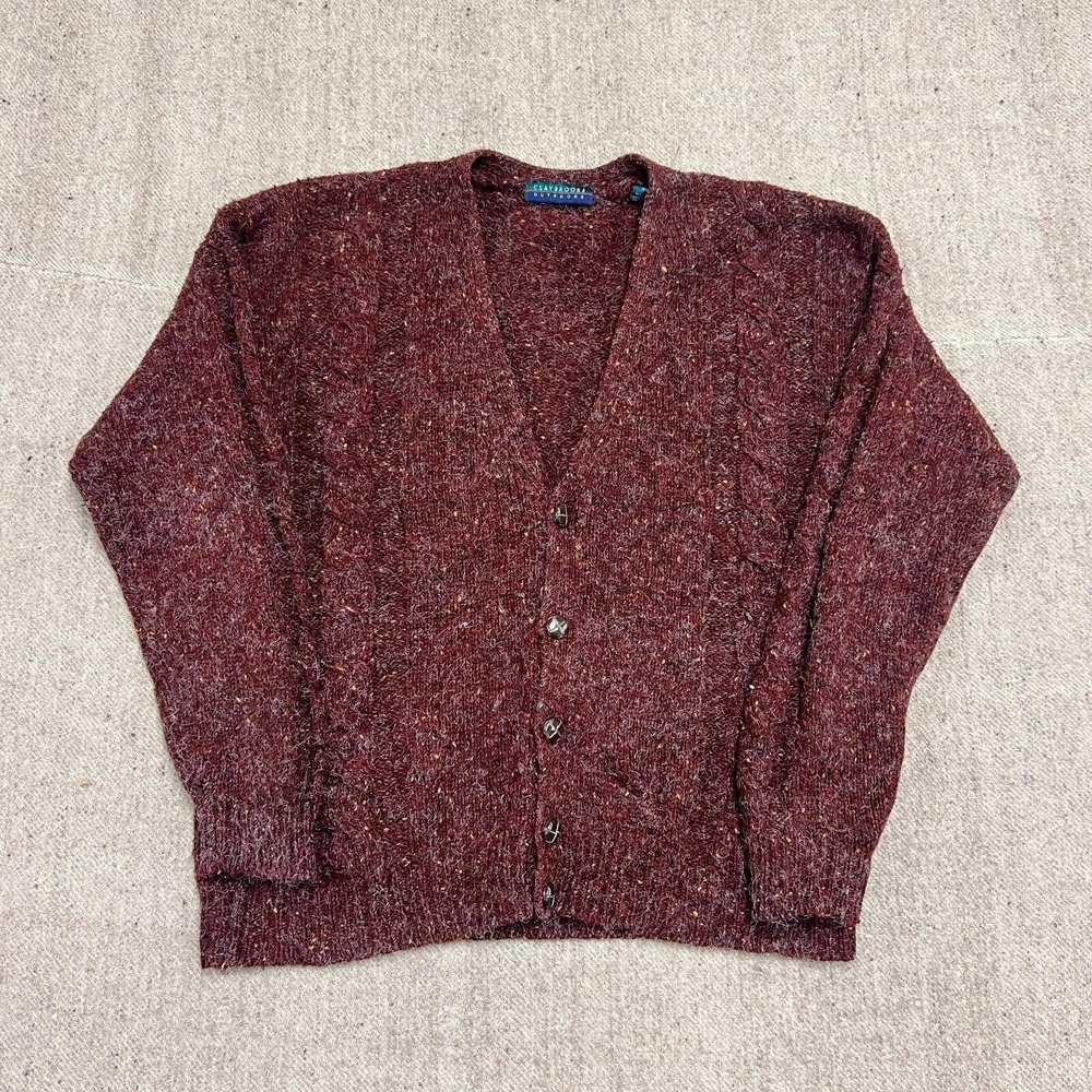 Vintage Claybrooke Cardigan Mens Medium Red 1980s Wool Cable Knit